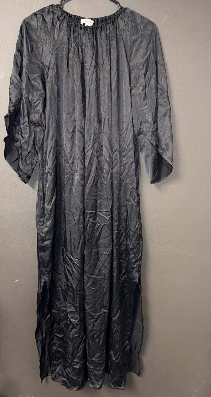 COS Black Satin Gathered Neck Kaftan Maxi Dress Size 10